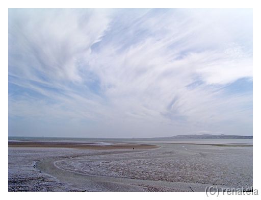 touching Dublin's bay low tide - the black point in the middle, a person walking and searching for sea-shells.